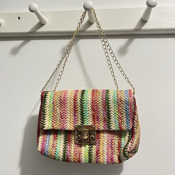 Straw Handbag Purse Colorful Boho Beach Gold Chain Strap Pink Rainbow‎ Fun - Picture 2 of 7